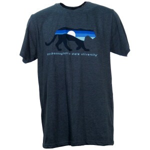 heather blue short sleeve t-shirt with The Pennsylvania State University under mountain lion silhouette with moonlight scene
